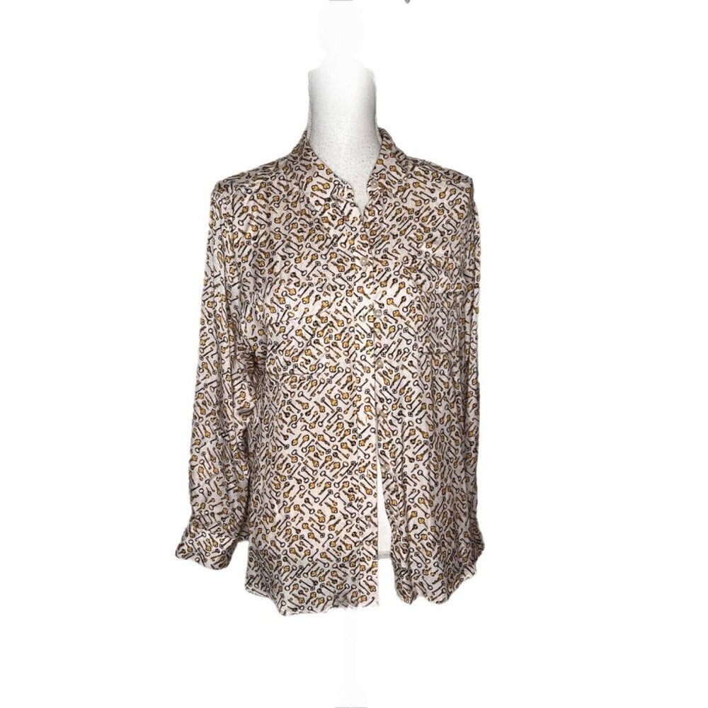Chico's 2 or L Petite Top Golden Keys Prints Soft Button Shirt Blouse Long Slv